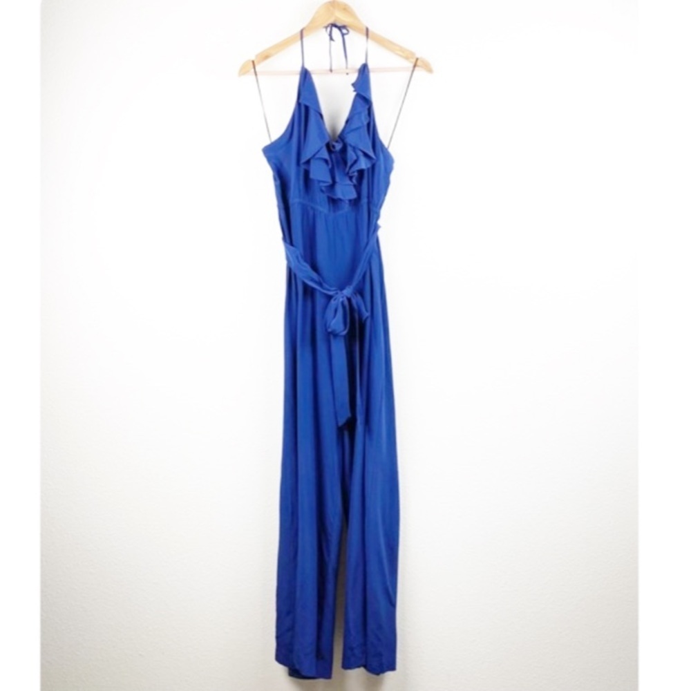 Yumi Kim Silk Blue Halter Wide Leg Jumpsuit -‎ Large